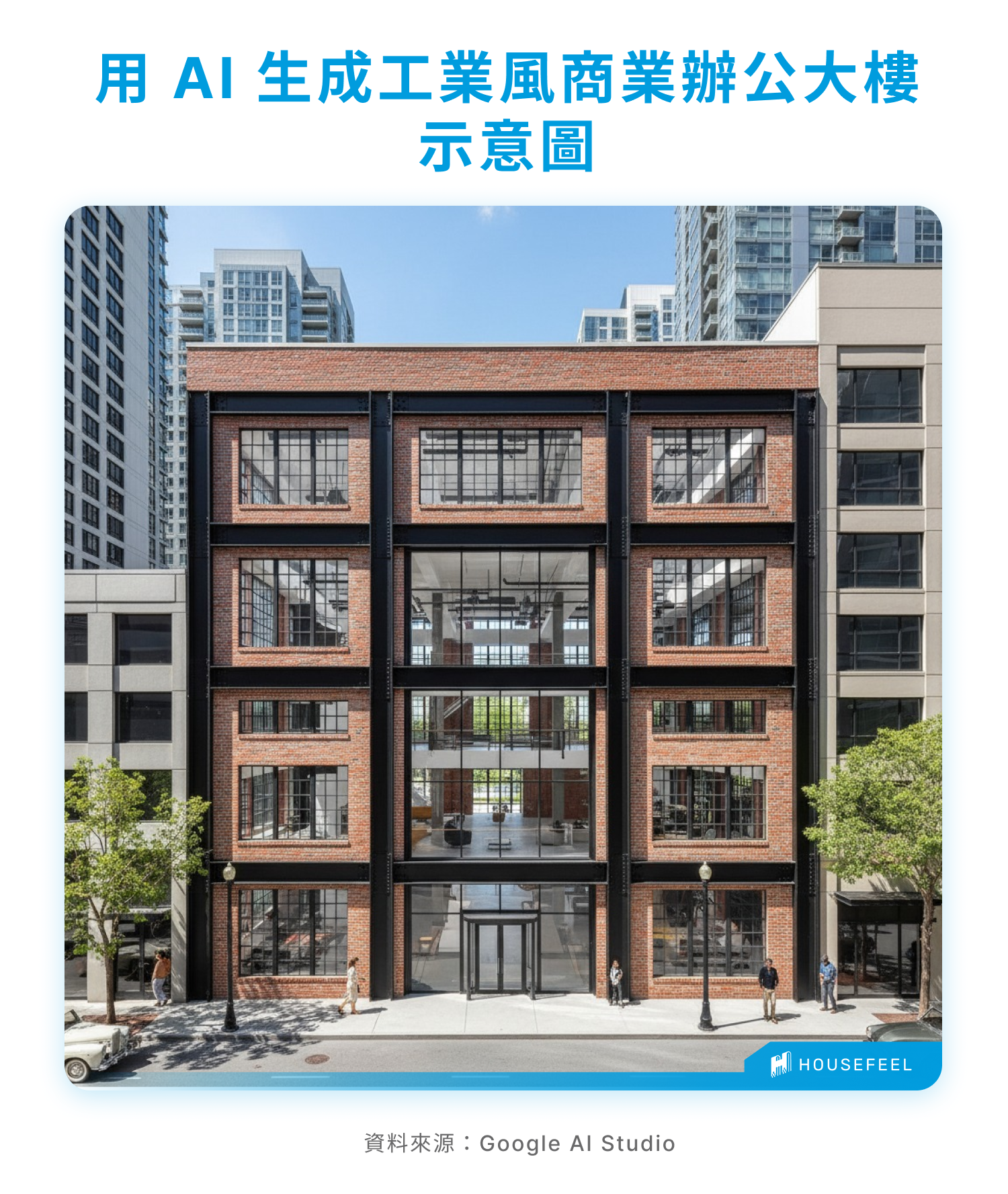 用 AI 生成工業風商業辦公大樓示意圖