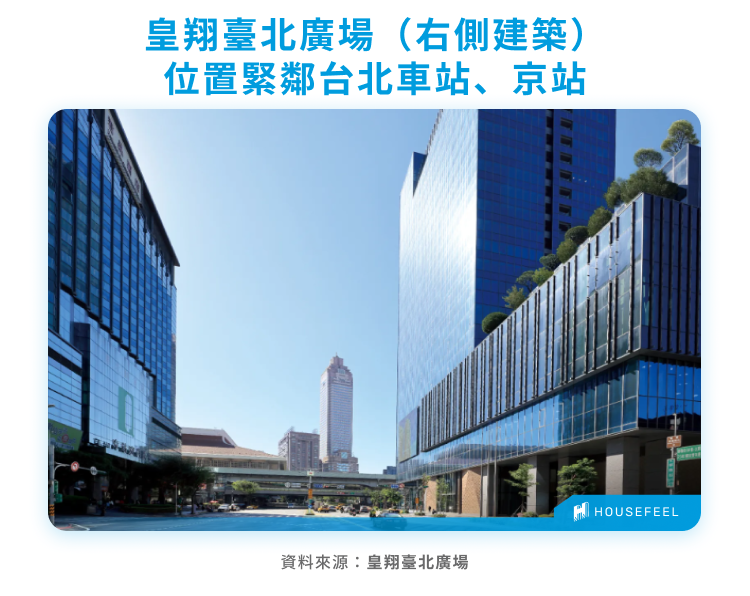 皇翔臺北廣場（右側建築）位置緊鄰台北車站、京站